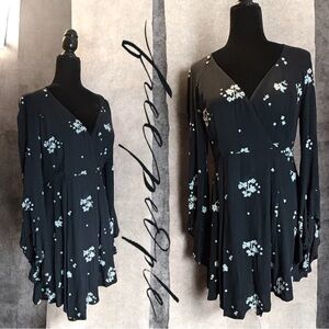 FREE PEOPLE Jasmine Embroidered Black Bell Sleeve Mini Dress Size 6